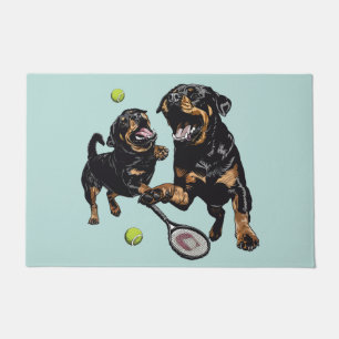 Cute Rottweiler Dogs Playing Tennis Doormat