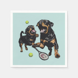 Cute Rottweiler Dogs Playing Tennis Napkin