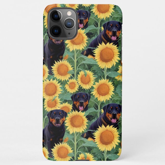 Cute Rottweiler Enchanted Sunflower Garden Drawing iPhone Case (Back)