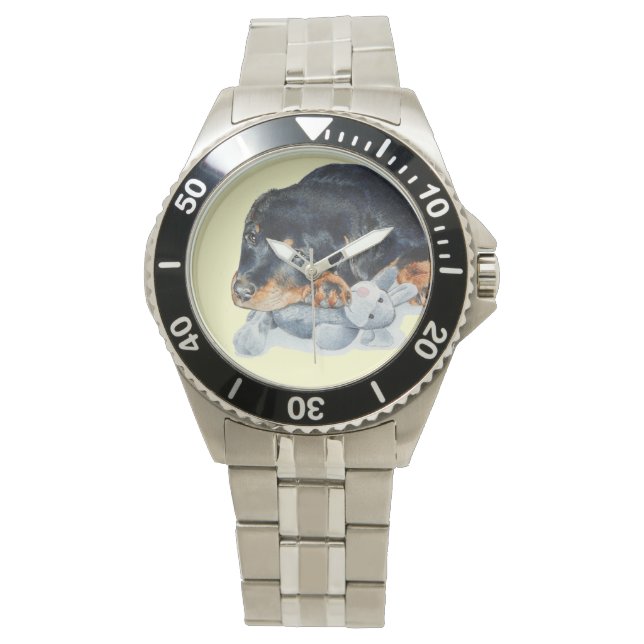 cute rottweiler puppy dog cuddling stuffy watch (Front)