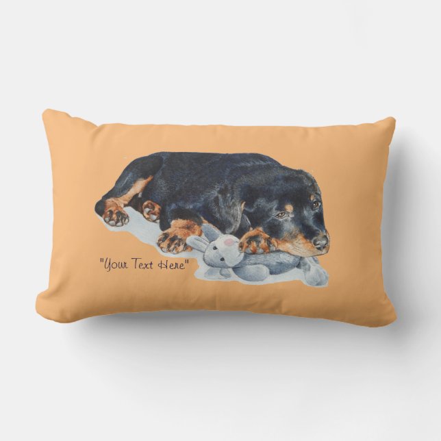 cute rottweiler puppy dog cuddling teddy bear art lumbar cushion (Front)