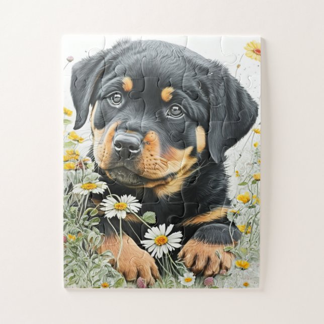 Cute Rottweiler Puppy Dog Watercolor Floral  Jigsaw Puzzle (Vertical)