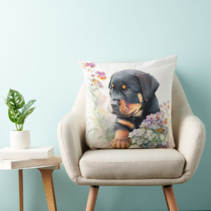 CUTE ROTTWEILER PUPPY DOG WITH WILDFLOWERS CUSHION
