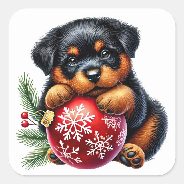 Cute Rottweiler Puppy Enjoys Christmas Celebration Square Sticker (Front)