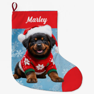 Cute Rottweiler Puppy in Sweater Personalised Large Christmas Stocking
