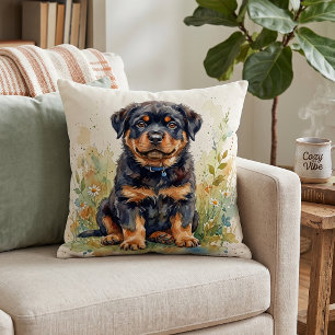 Cute Rottweiler Puppy Watercolor Cushion
