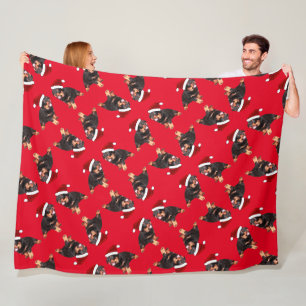 Cute Rottweiler Puppy Wearing Cartoon Santa Hat Fleece Blanket