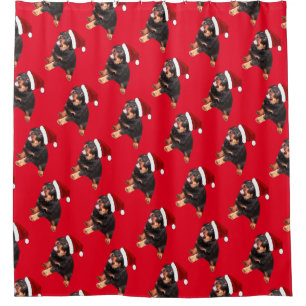 Cute Rottweiler Puppy Wearing Cartoon Santa Hat Shower Curtain