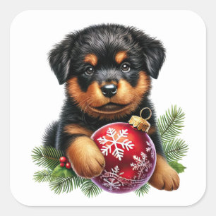 Cute Rottweiler Puppy With Christmas Ornament Square Sticker