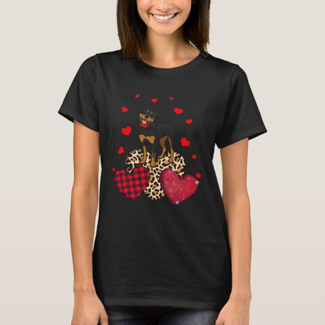 Cute Rottweiler With Leopard Red Plaid Heart  Idea T-Shirt (Front)