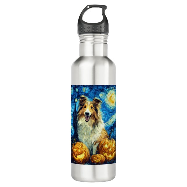 Cute Rough Collie Dog Halloween Jack O Lantern Pum 710 Ml Water Bottle (Front)