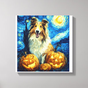 Cute Rough Collie Dog Halloween Jack O Lantern Pum Canvas Print