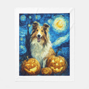 Cute Rough Collie Dog Halloween Jack O Lantern Pum Fleece Blanket