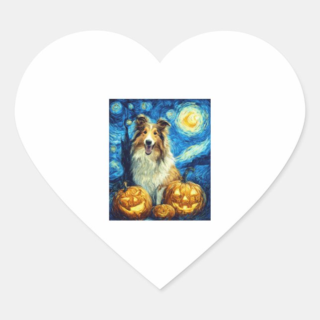 Cute Rough Collie Dog Halloween Jack O Lantern Pum Heart Sticker (Front)