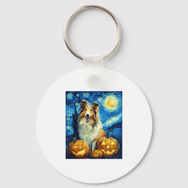 Cute Rough Collie Dog Halloween Jack O Lantern Pum Key Ring (Front)