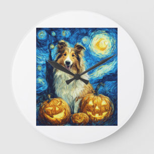 Cute Rough Collie Dog Halloween Jack O Lantern Pum Large Clock