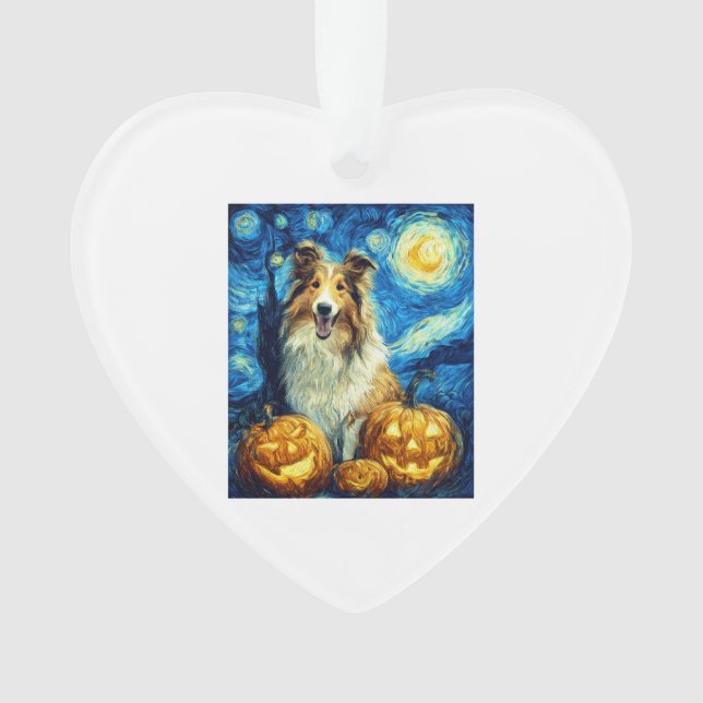 Cute Rough Collie Dog Halloween Jack O Lantern Pum Ornament (Front)
