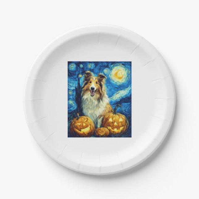 Cute Rough Collie Dog Halloween Jack O Lantern Pum Paper Plate (Front)