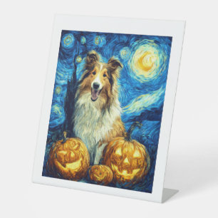 Cute Rough Collie Dog Halloween Jack O Lantern Pum Pedestal Sign