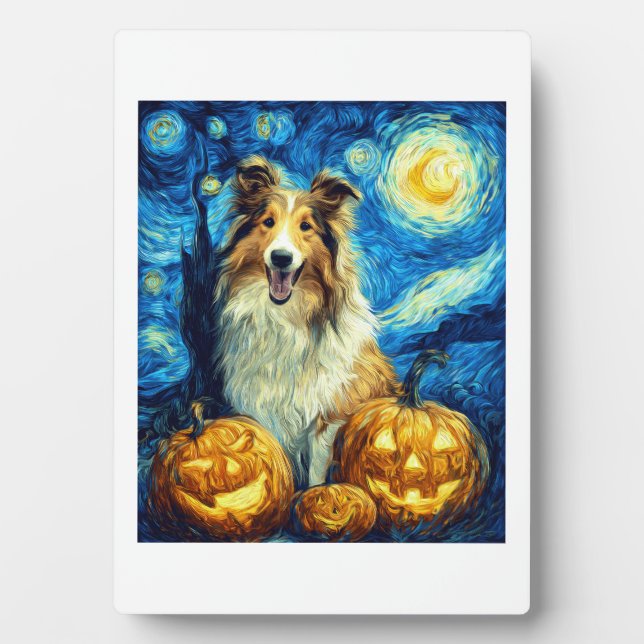 Cute Rough Collie Dog Halloween Jack O Lantern Pum Plaque (Front)