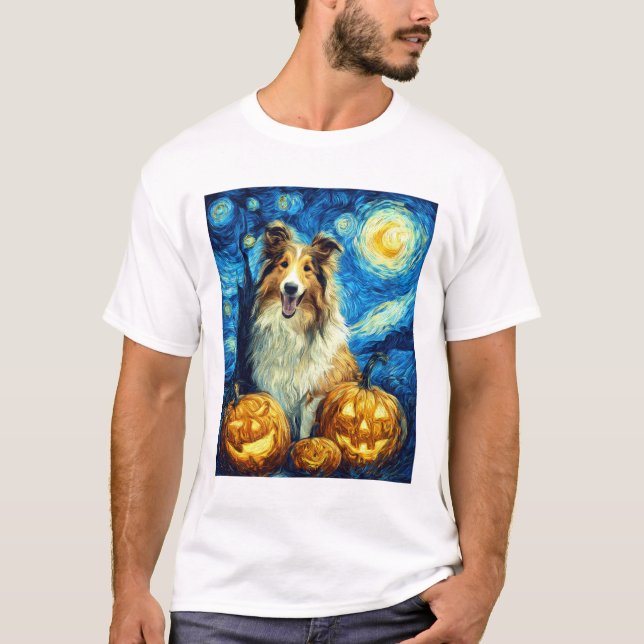 Cute Rough Collie Dog Halloween Jack O Lantern Pum T-Shirt (Front)