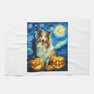 Cute Rough Collie Dog Halloween Jack O Lantern Pum Tea Towel