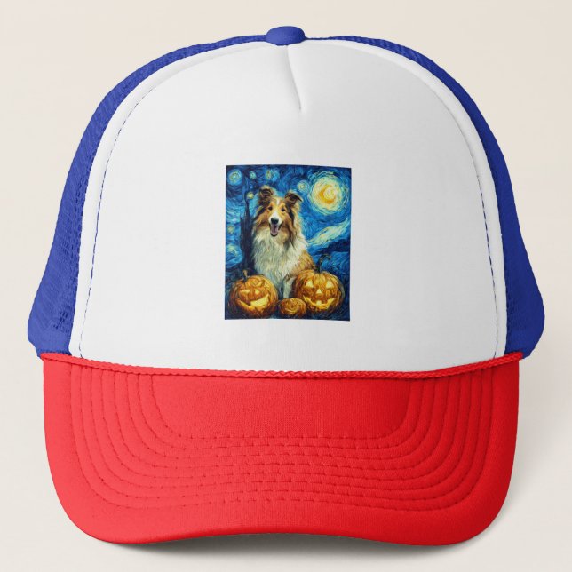 Cute Rough Collie Dog Halloween Jack O Lantern Pum Trucker Hat (Front)