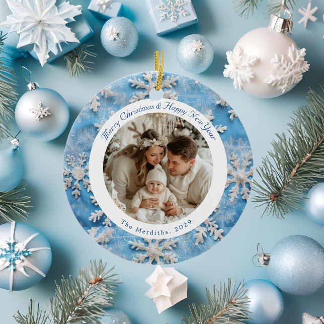 Cute Round Blue Snowflake Christmas Photo Ceramic Tree Decoration (Creator Uploaded)