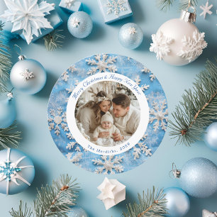 Cute Round Blue Snowflake Christmas Photo Holiday Card