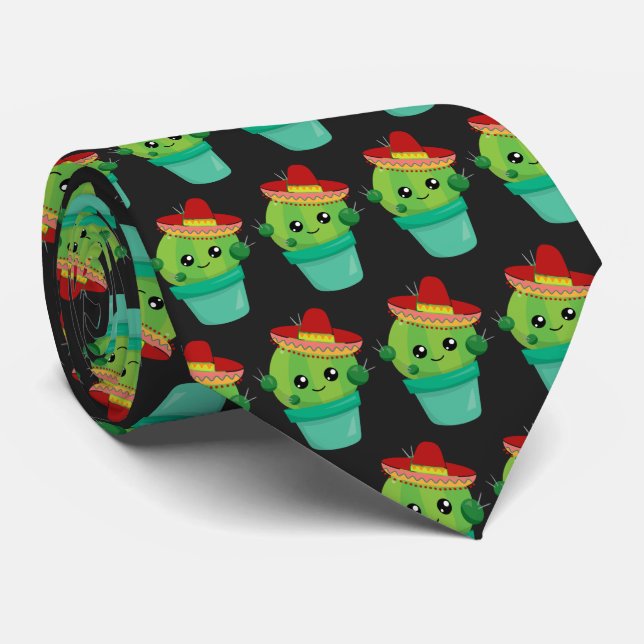Cute Round Cactus in a Red Sombrero Pattern Tie (Rolled)