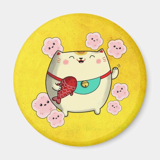 Cute Round Maneki Neko Cat Magnet (Front)