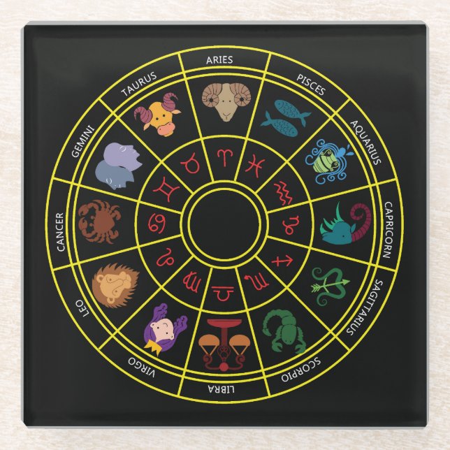 Cute Round Zodiac Symbols and Signs Glass Coaster (Front)