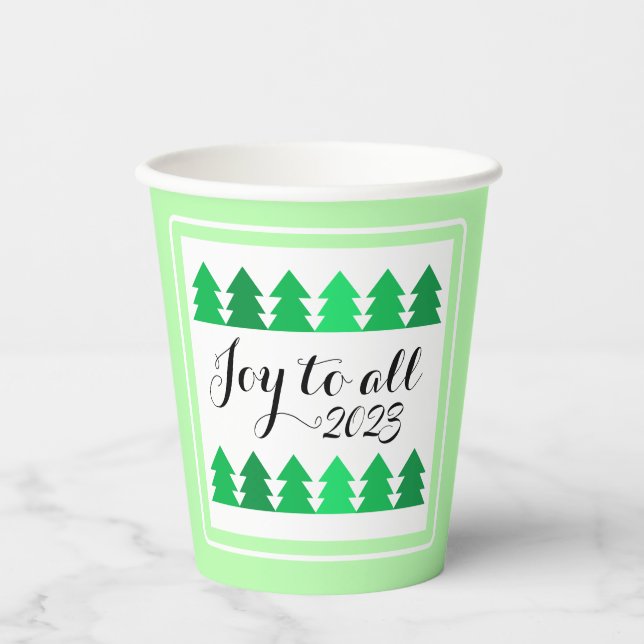 Cute Rows of Green Christmas Trees Joy Custom Year Paper Cups (Front)