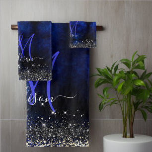 Cute royal blue gold faux glitter monogram bath towel set