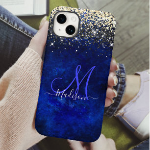 Cute royal blue gold faux glitter monogram Case-Mate iPhone 14 case
