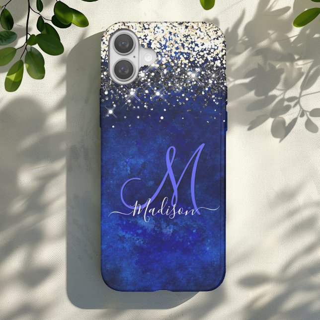 Cute royal blue gold faux glitter monogram Case-Mate iPhone case (Creator Uploaded)