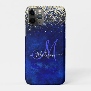 Cute royal blue gold faux glitter monogram iPhone 11 pro case