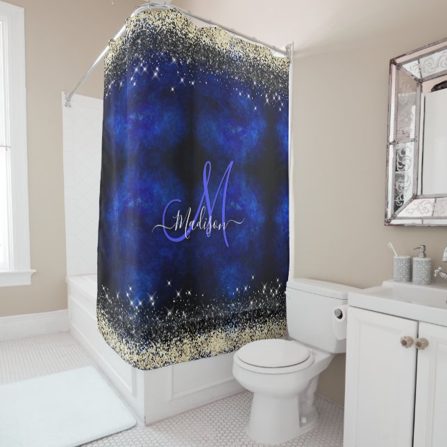 Cute royal blue gold faux glitter monogram shower curtain (In Situ)