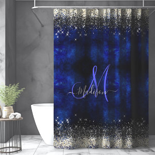 Cute royal blue gold faux glitter monogram shower curtain
