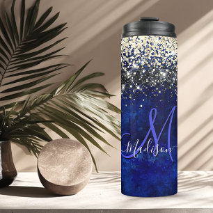 Cute royal blue gold faux glitter monogram thermal tumbler