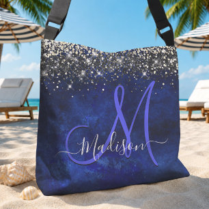 Cute royal blue gold faux glitter monogram tote bag