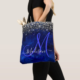 Cute royal blue gold faux glitter monogram tote bag