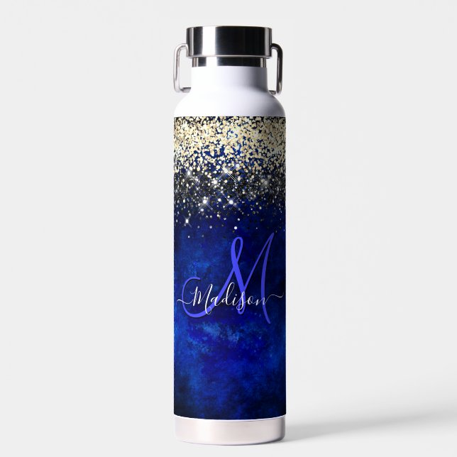 Cute royal blue gold faux glitter monogram water bottle (Front)