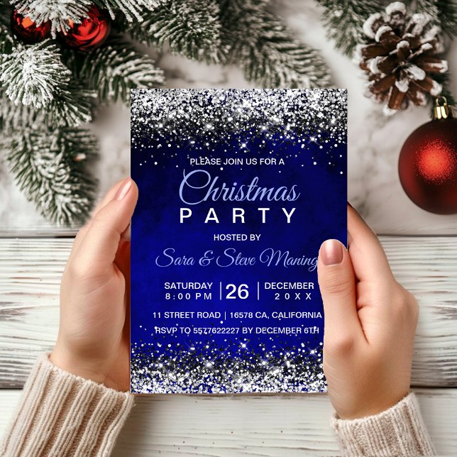 Cute royal blue silver faux glitter Christmas  Invitation (Creator Uploaded)
