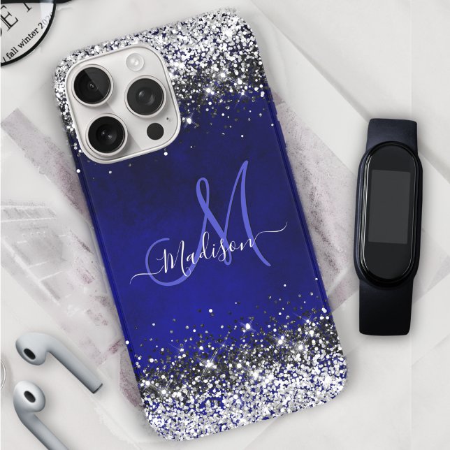 Cute royal blue silver faux glitter monogram Case- Case-Mate iPhone Case (Creator Uploaded)