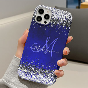 Cute royal blue silver faux glitter monogram iPhone 11 pro case