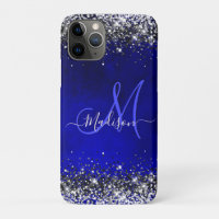 Cute royal blue silver faux glitter monogram