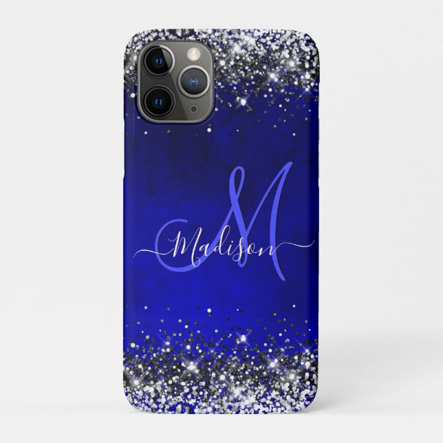 Cute royal blue silver faux glitter monogram Case-Mate iPhone case (Back)