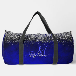 Cute royal blue silver faux glitter monogram duffle bag