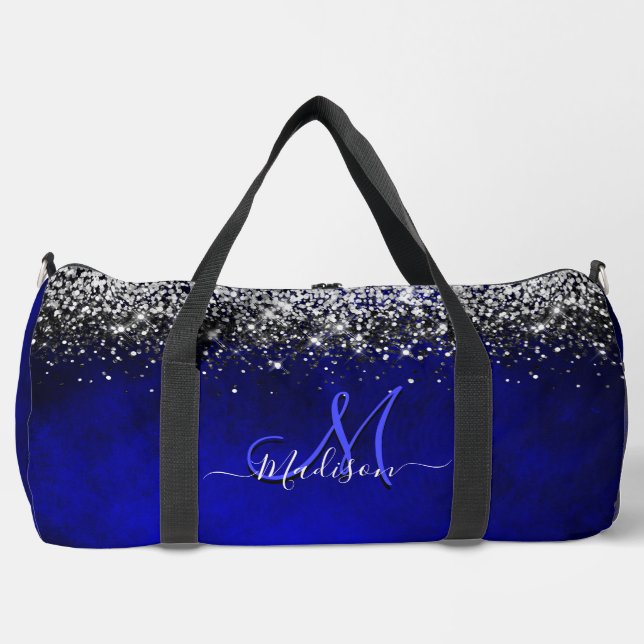 Cute royal blue silver faux glitter monogram duffle bag (Front)